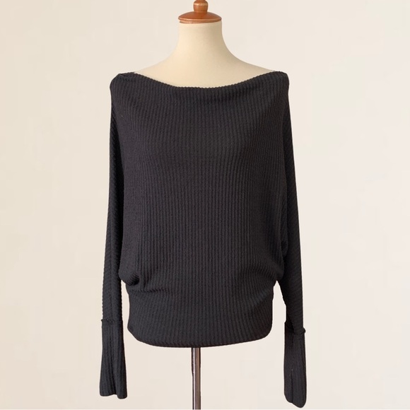 Neely Black Waffle Knit Thermal Dolman Sleeve Long Cuff Pullover - Picture 1 of 6